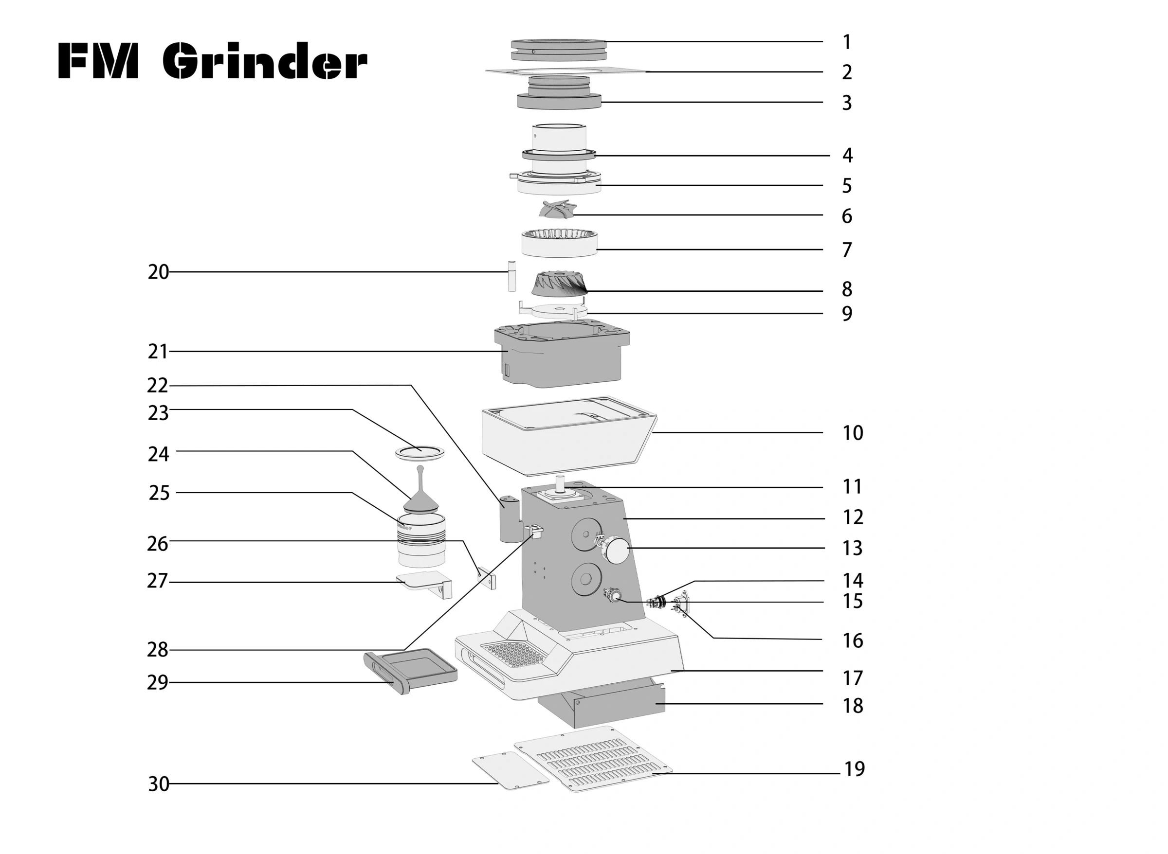 Original FM conical-burr assembly diagram with numbered part references