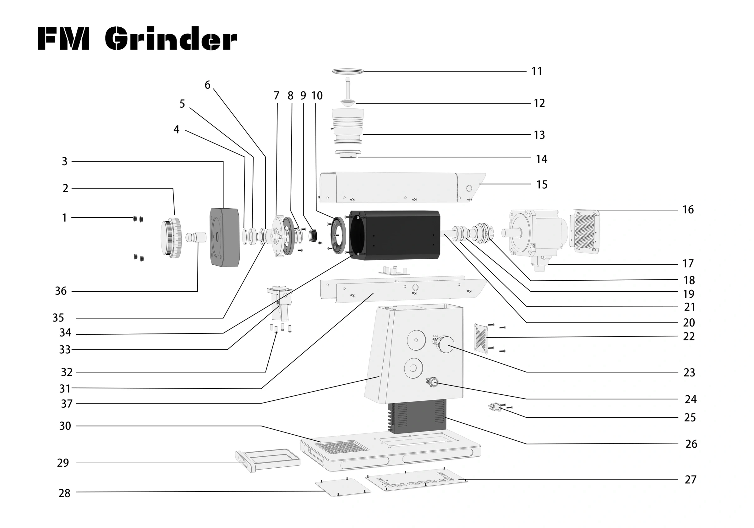 Original FM flat-burr assembly diagram with numbered part references